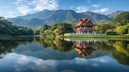 Fototapeta premium Scenic view of lakeside temple with mountain reflections, spiritual tranquility and open space