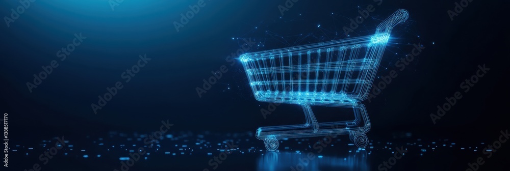 Aufkleber Sleek minimalistic shopping cart icon with glowing lines on deep blue digital background for futuristic e-commerce concept