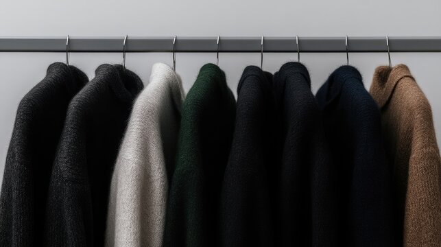 Assorted wool coats and cardigans on hangers