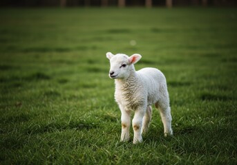 Obraz premium Cute White Lamb Standing on Green Grass Meadow in Peaceful Pasture