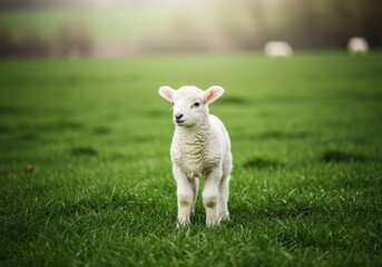 Obraz premium Cute Lamb Standing in Green Pasture on Sunny Day Springtime