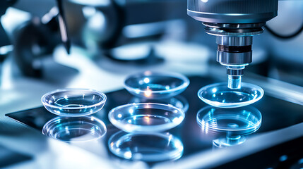 Mechanical arms manufacturing smart contact lenses in a futuristic medical lab, ultra-thin lenses being delicately assembled under microscopic precision, Medical optics style