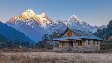 Fototapeta premium Wide horizontal shot of Himalayan temple with snow-capped peaks in distance, serene perspective and open space
