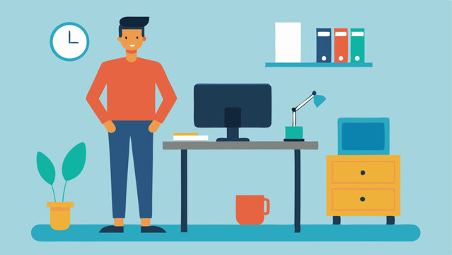 Desk Setup Advice A professional standing beside a home office desk setup pointing to ergonomic furniture and tech gadgets highlighting comfortable workspace designs.