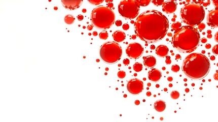 Obraz premium Numerous Vibrant Red Tomato Sauce Droplets of Varying Sizes Isolated on a Clean White Background, Best for Food Advertisements and Ingredient Visuals