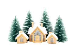 3D Illustration Of Christmas House With Trees And Snow On Isolated Background