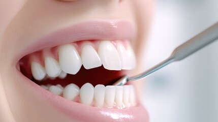 Fototapeta premium A close-up shows a healthy, bright white smile. A dental mirror is gently positioned near the teeth. The image is high-quality with soft lighting. The style is clean and professional. Warm, pink ton