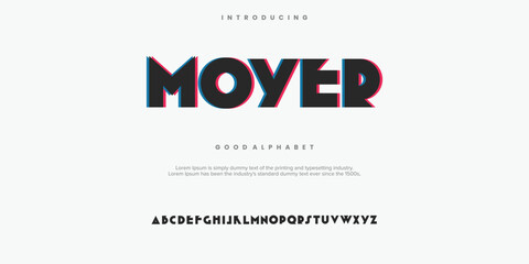 Moyer futuristic minimalist display font design, alphabet, typeface, letters and numbers, typography.