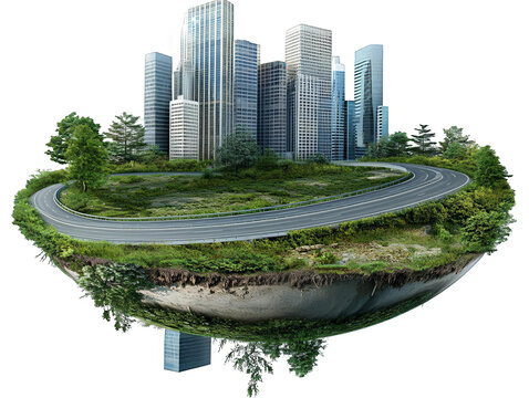 3D Illustration Of Floating Island City With Green Environment and Road