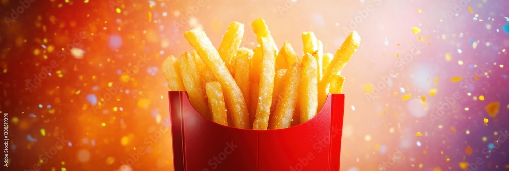 Poster enjoy crispy golden french fries in a vibrant red container amidst colorful splashes creating a live