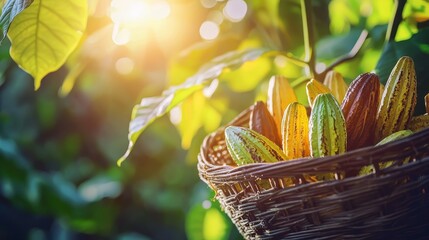 Tropical cocoa farm during harvest season, a close-up of cocoa pods in a basket, bright sunlight highlighting the vibrant pod colors, selective focus on the pods