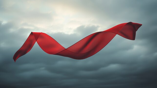 Twisting red ribbon floating gently against a muted gray sky, faint beams of light filtering through the clouds, soft shadows, emotional representation of loss