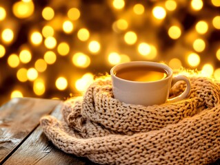 Warm Cozy Winter Tea Cup in Knit Scarf on Wooden Table with Golden Lights