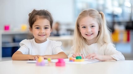 Fototapeta premium Two young girls sit at a table, smiling at the camera. They wear white shirts and are engaged in a playful activity. Brightly colored play items are on the table. The image is well-lit, high-quality,