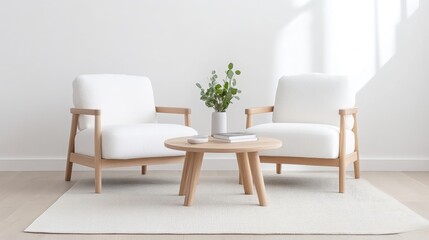 Modern, minimalist living room seating arrangement.  Two light beige armchairs and a round light oak coffee table