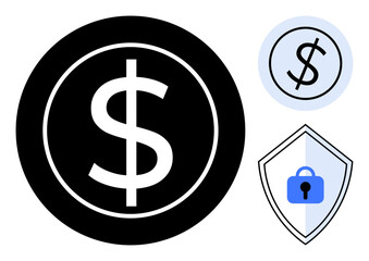 Obraz premium Large dollar symbol in black circle, smaller dollar sign in blue circle, shield with blue lock. Ideal for finance, security, investment, safety, protection banking money. Abstract line flat