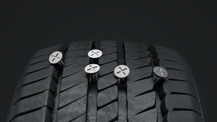 3D Render of a nail or screw lodged in a car tire. Ideal for concepts related to safety, maintenance, or roadside emergencies.	