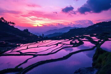 Surreal sunset over endless rice terraces with vibrant pink and purple skies reflecting in tranquil water