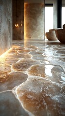 Polished Stone Floor with Organic Patterns and Warm Ambient Lighting

