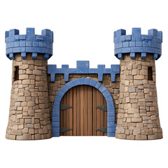 Medieval Stone Fortress Gate With Blue Towers 3D Illustration