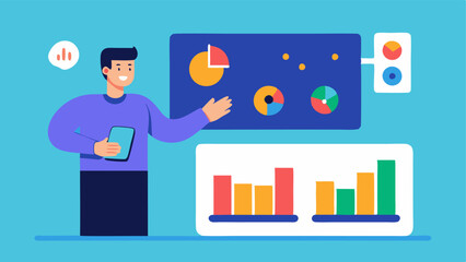 Dashboard Presentation A marketing analyst presenting a colorful dashboard with realtime metrics to management with AIgenerated insights popping up to enhance their discussion.