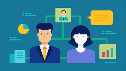 Gender Representation Two professionals one man and one woman depicted in an office with the womans achievements obscured by algorithmgenerated metrics that favor men.