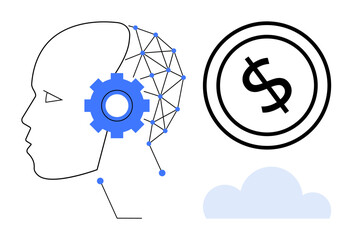 Human profile highlighting AI with cogwheel and neural network, dollar icon symbolizing finance, and cloud element. Ideal for technology, innovation, economics, business, automation, machine