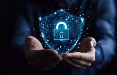 Hands holding a digital shield with a lock graphic, symbolizing security and protection
