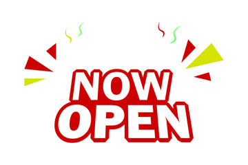 Now Open tag. Colorful web banner promotion.