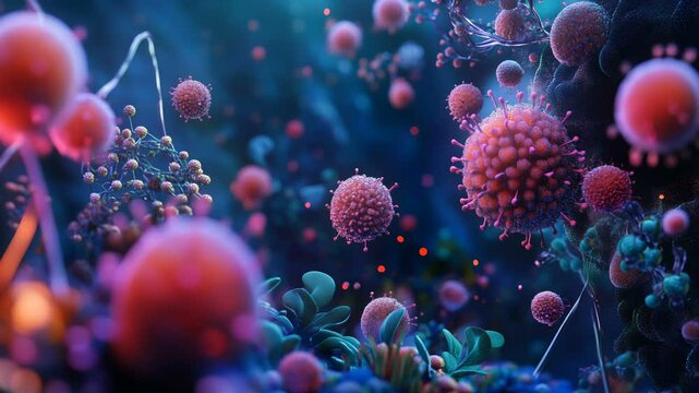 An Abstract Microscopic View Depicting Colorful Cellular Structures Within a Surreal and Unique Environment