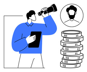 Man holding tablet and looking through telescope. Coins stacked high and a profile outline. Ideal for finance, investment, recruitment, opportunity, vision, economy leadership. Flat simple metaphor