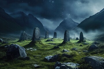 Mystical night scene ancient stones in a misty valley under a starry sky