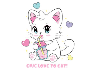 cute kitten drinking tea. Design to print on shirt, poster, dedications, birthday