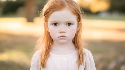 Naklejka premium Portrait of a Cute Freckled Redhead Girl Outdoors in Golden Hour