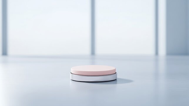 A two-tiered, round display stand sits on a light gray surface. The top tier is pale pink, and the bottom is silver. The background is a blurred bright room with large windows. The image is clean, mi