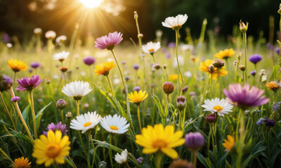 Obraz premium vibrant field of wildflowers blooms under warm sunlight, creating cheerful and serene atmosphere