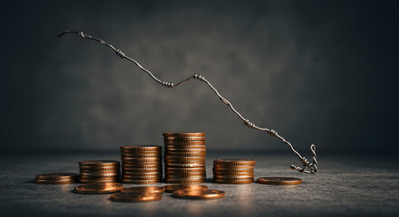 Descending Wire Arrow Over Stacked Coins: Financial Downturn Concept.