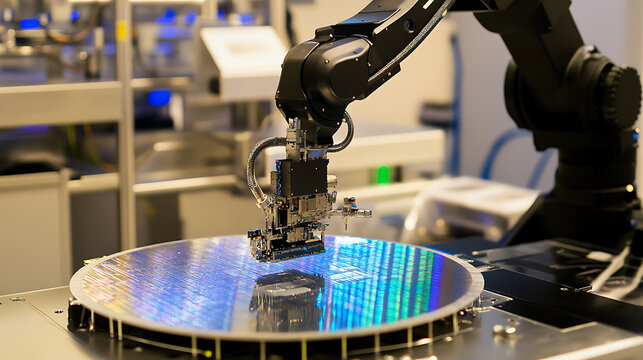 A mechanical arm in a cleanroom semiconductor fabrication plant, surrounded by wafers and precision equipment, Tech style