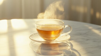 Obraz premium transparent glass teacup with steaming amber liquid, delicate glass saucer, soft morning sunbeams, white marble table surface, diffused natural lighting, minimal composition, atmospheric haze, golden