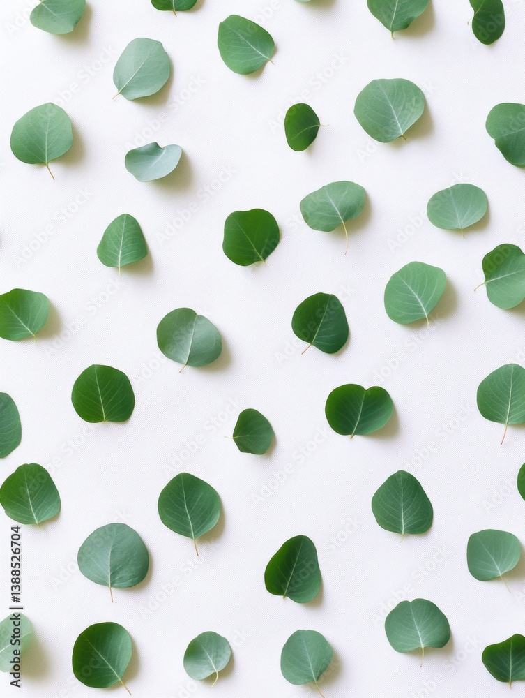 Poster Fresh eucalyptus leaves arranged in a structured pattern on a soft white surface showcasing botanical minimalism