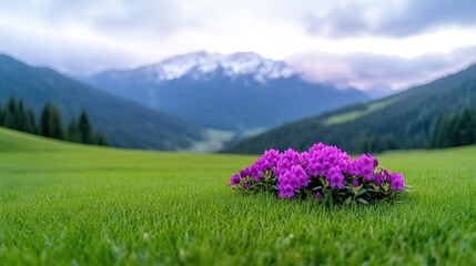 Obraz premium A vibrant cluster of purple rhododendrons sits in a lush green field. The flowers are the focal point, contrasting beautifully against the bright green grass. A majestic mountain range provides a st