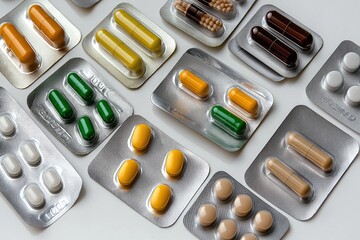 Close up of assorted blister packs of various pills and capsules on a white surface seen from above  