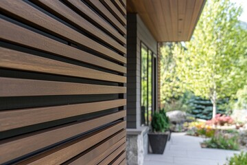 Modern exterior facade with slatted wooden panels