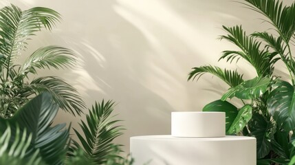 Obraz premium White pedestal surrounded by lush greenery, sunlight, nature, product display