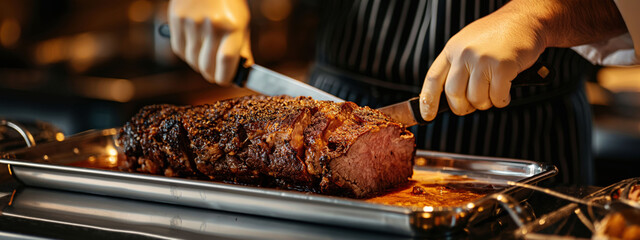 A skilled chef carves a meticulously prepared roast beef at a polished carving station. The rich crust and tender pink inside of the meat shine under inviting warm lighting