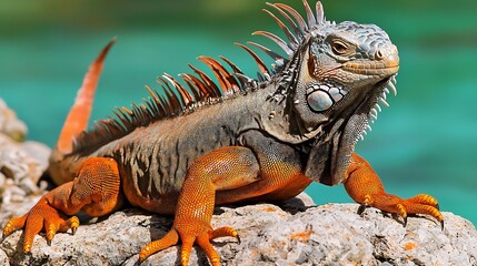 Naklejka premium Rhinoceros iguana basking Caribbean rocks prehistoric reptile turquoise water contrast
