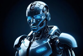 illustration of a futuristic AI robot with glowing blue circuits and a digital interface background, in a modern sci-fi style