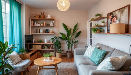 cozy living room featuring comfortable gray sofa with decorative cushions, round wooden coffee table, and vibrant indoor