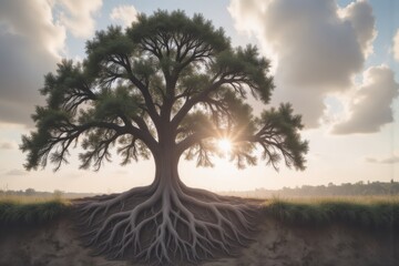 Obraz premium Majestic Oak Tree with Sprawling Roots in Grassy Field at Sunset | Nature, Tranquility
