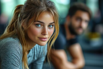 A personal trainer guiding a client through exercise in a well-equipped gym. Exercise equipment and gym setting in the background.